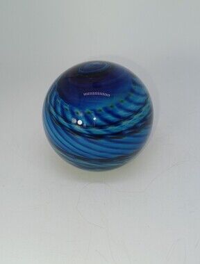 Glass Eye Studio  Hand Blown Glass Paperweight Blue Swirls Signed Glass Eye 19